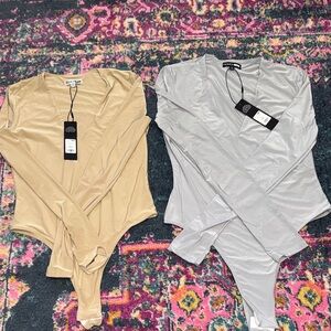 Fashion Nova Beige and Gray Bodysuit Set